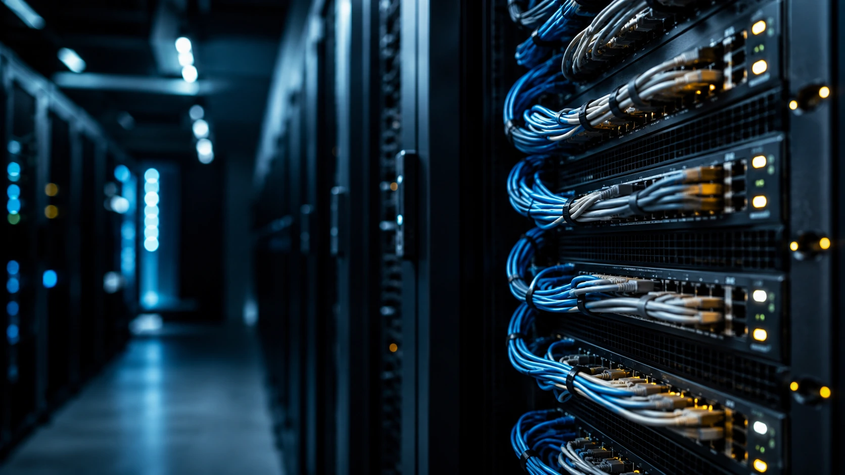 Serverrek met geordende netwerkkabels en statuslampjes, als beeld bij de technische SEO checklist voor 2026.